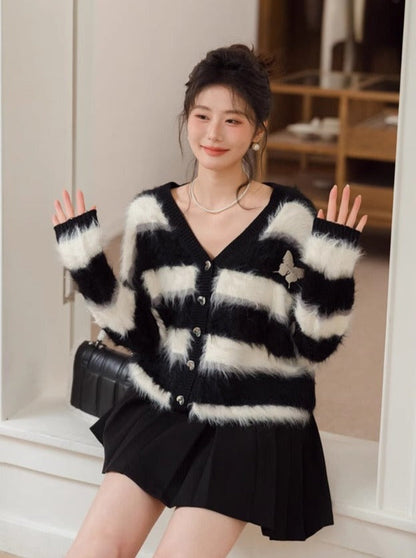 Gestreifter Schmetterlings-Chic-Shaggy-Cardigan