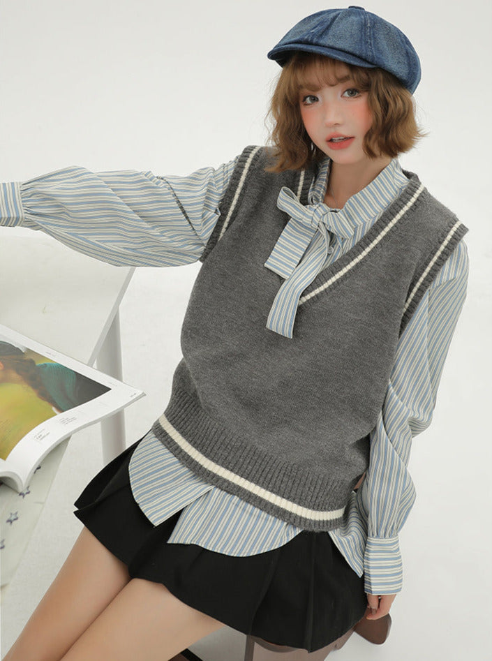 Style Korean Vest + Striped V-neck Shirt