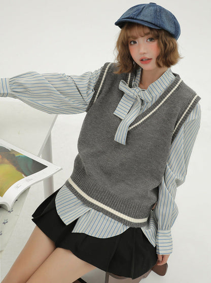 Style Korean Vest + Striped V-neck Shirt