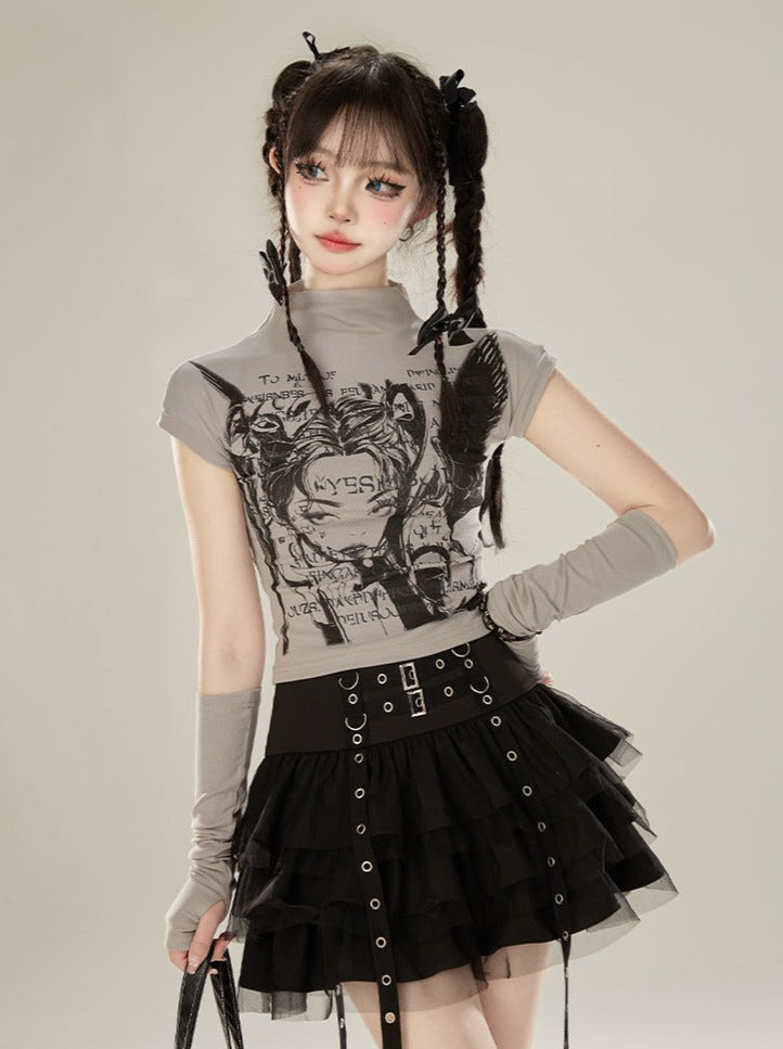 Girl Gray Print Turtleneck Half Dark