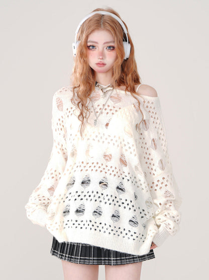 Ripped Cutout White Top Knit