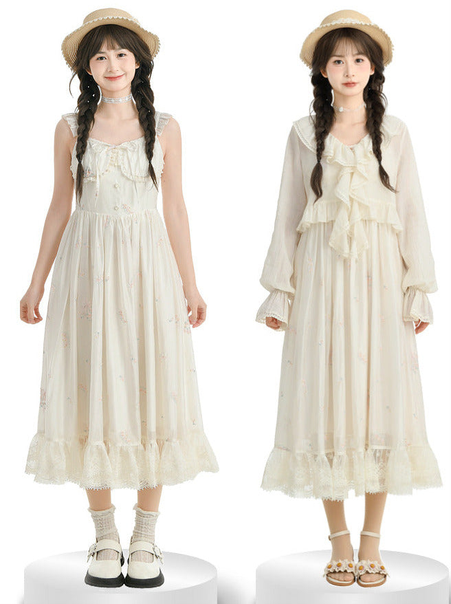 ショルダーフリルフリルフローラルレースドレスプリントジャケットロマンチック