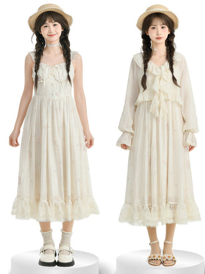 ショルダーフリルフリルフローラルレースドレスプリントジャケットロマンチック