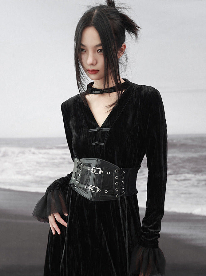 Spleißständer Chinesisches V-Kragen Mesh Romantisches Retro Samt Schwarzes Kleid