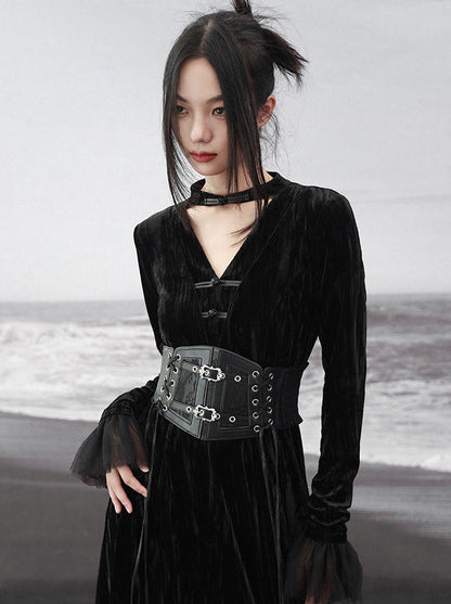 Spleißständer Chinesisches V-Kragen Mesh Romantisches Retro Samt Schwarzes Kleid