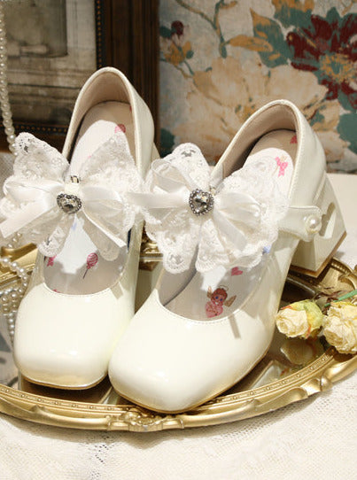 エレガントなフレンチスクエアレースリボンシューズヒールトゥロリータラブ