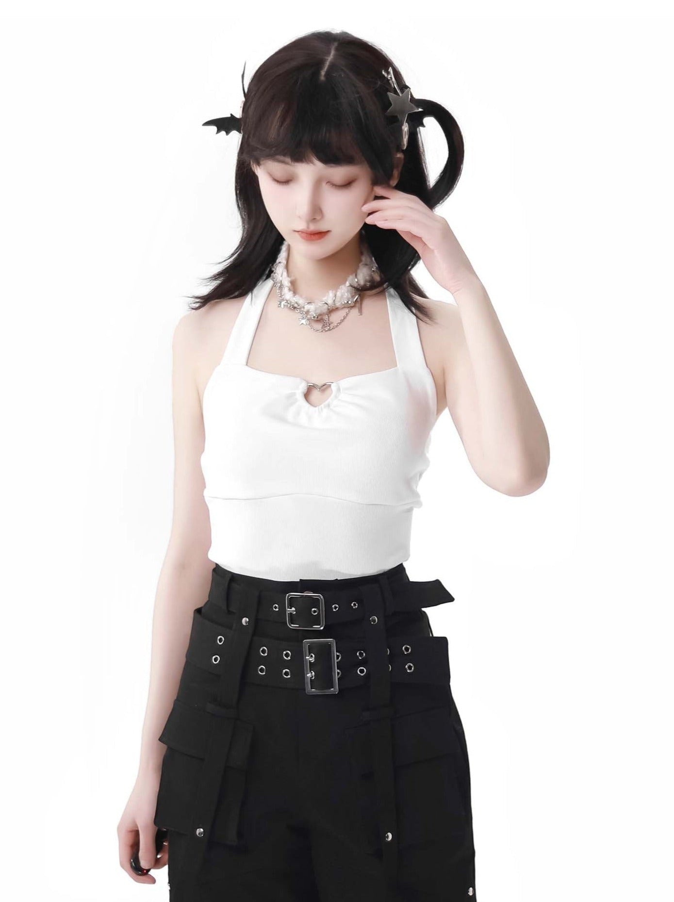 トップス ダーク スプリング ニット キャミソール プリント Vネック ホルターネック ボウ サマー