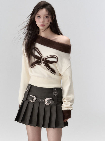 ワンショルダーリボンニットセーター