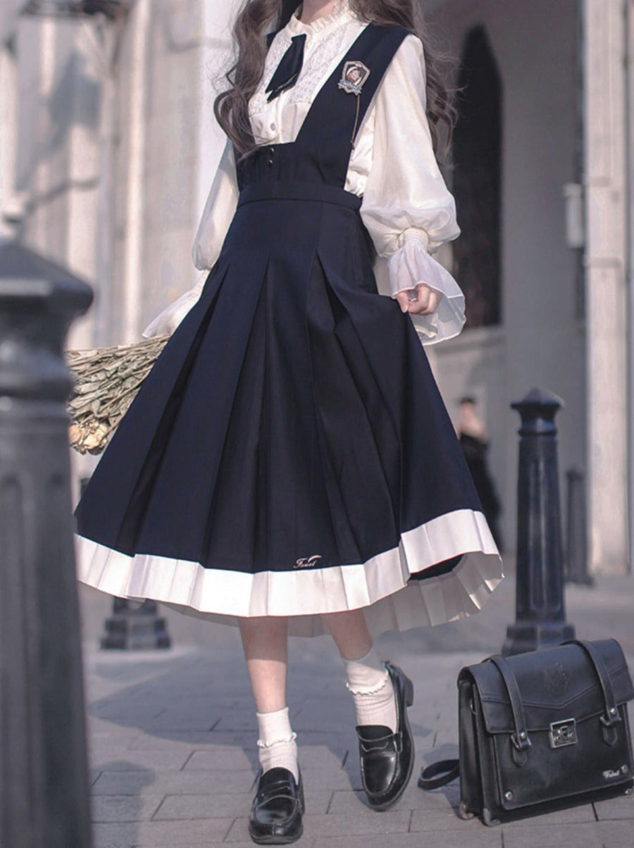 Kleid Emblem + Krawatte + Bluse + Rüsche Retro College Baskenmütze Cyan Stil Elegant Chiffon