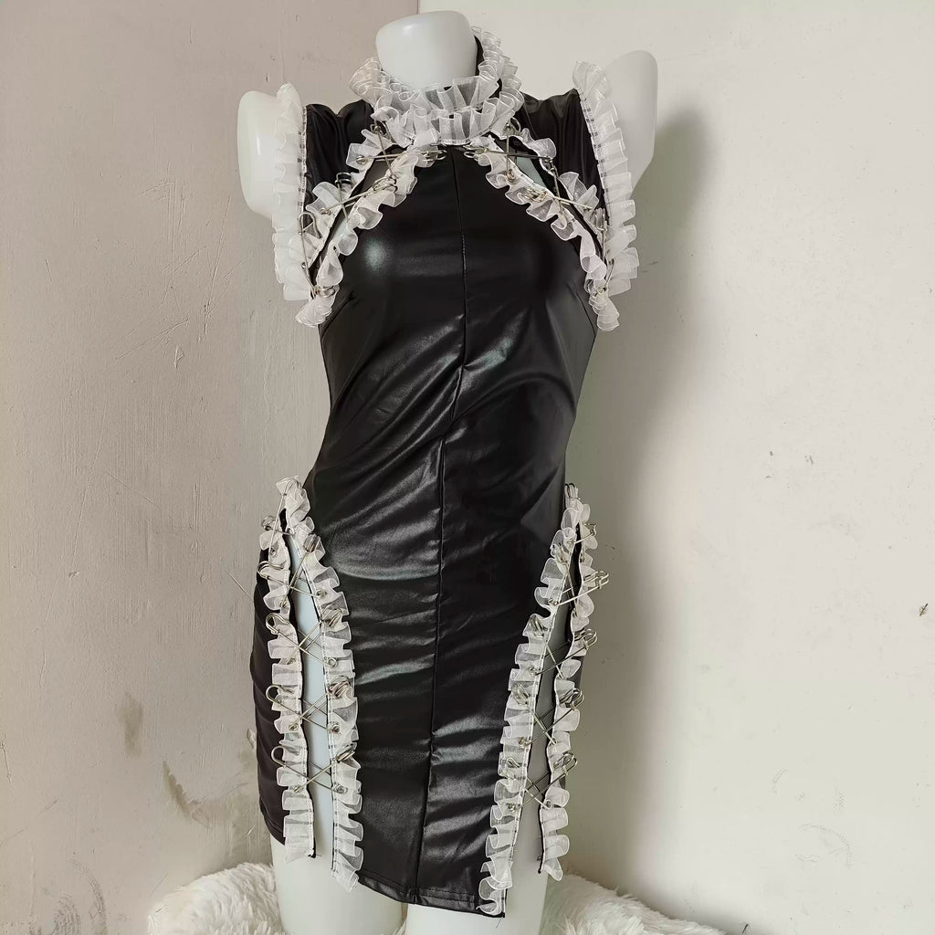 Gothic Punk PU Leather Hollow out White Lace Dress