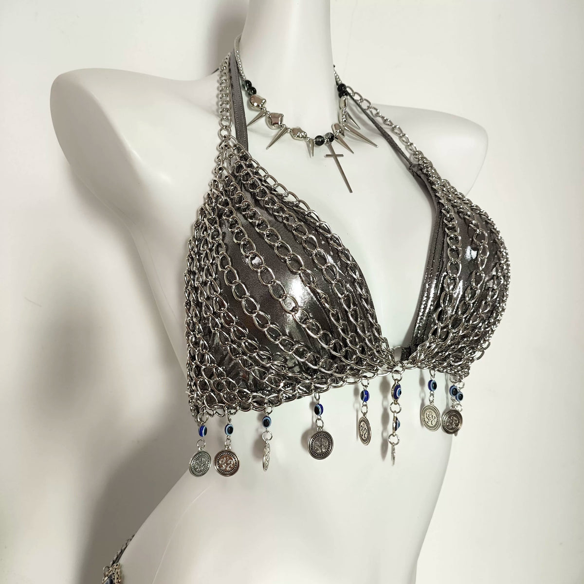 Punk Y2K Hottiepure Desire Silver Chain Bra Waist Set