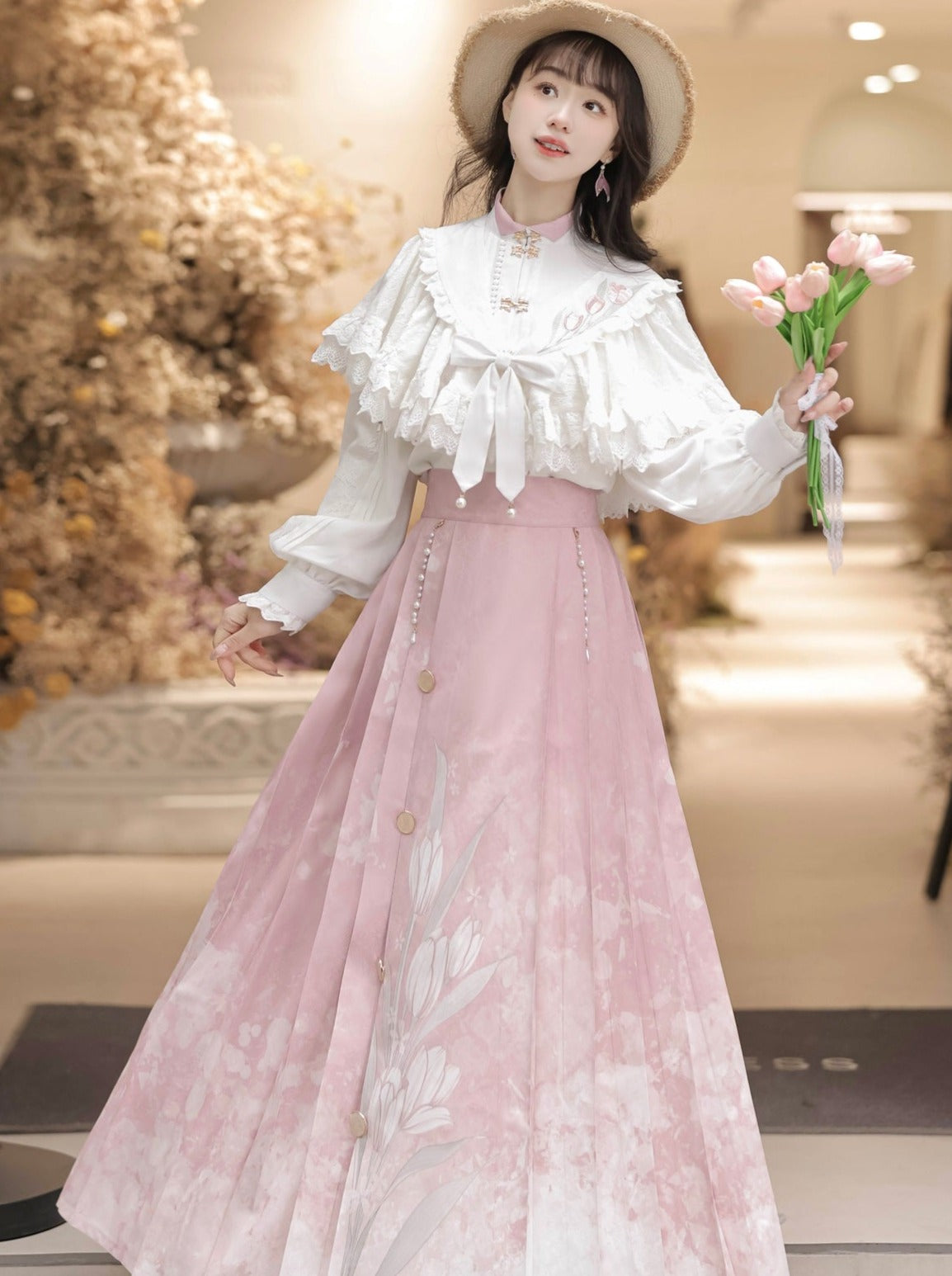 Bluse Plissee Schal Band Rock China + Süße Spitze Blumen