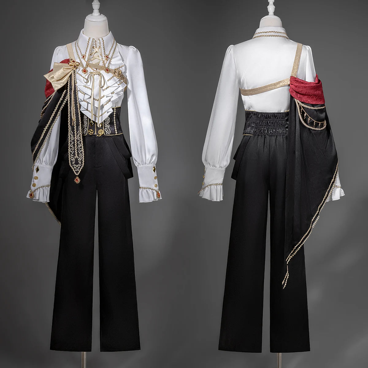 Front and back views of Knight’s Ceremony shirt, cape and pants set