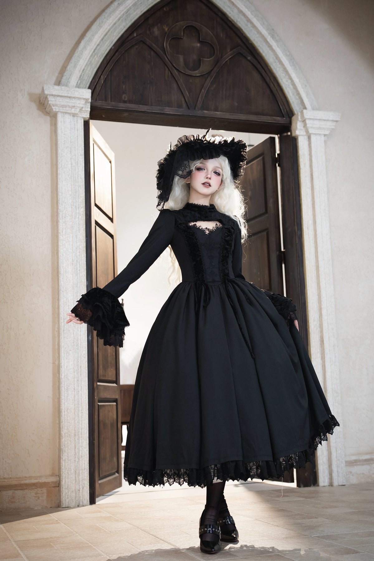 Front view of the embroidered Gothic Lolita dress