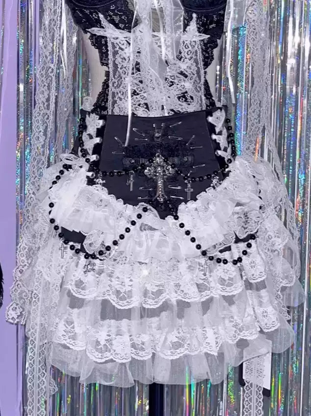 Black Steampunk Gothic Lolita Cross Bead Chain Skirt