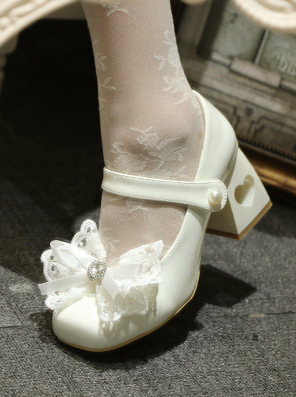 エレガントなフレンチスクエアレースリボンシューズヒールトゥロリータラブ
