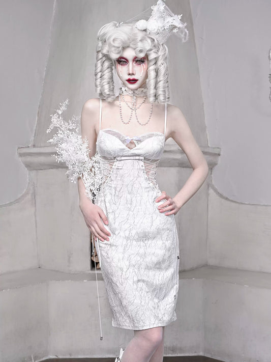 ホワイトストラップ スリーピング スリム ジャカード ダークアリス ゴシック ドレス サスペンダー