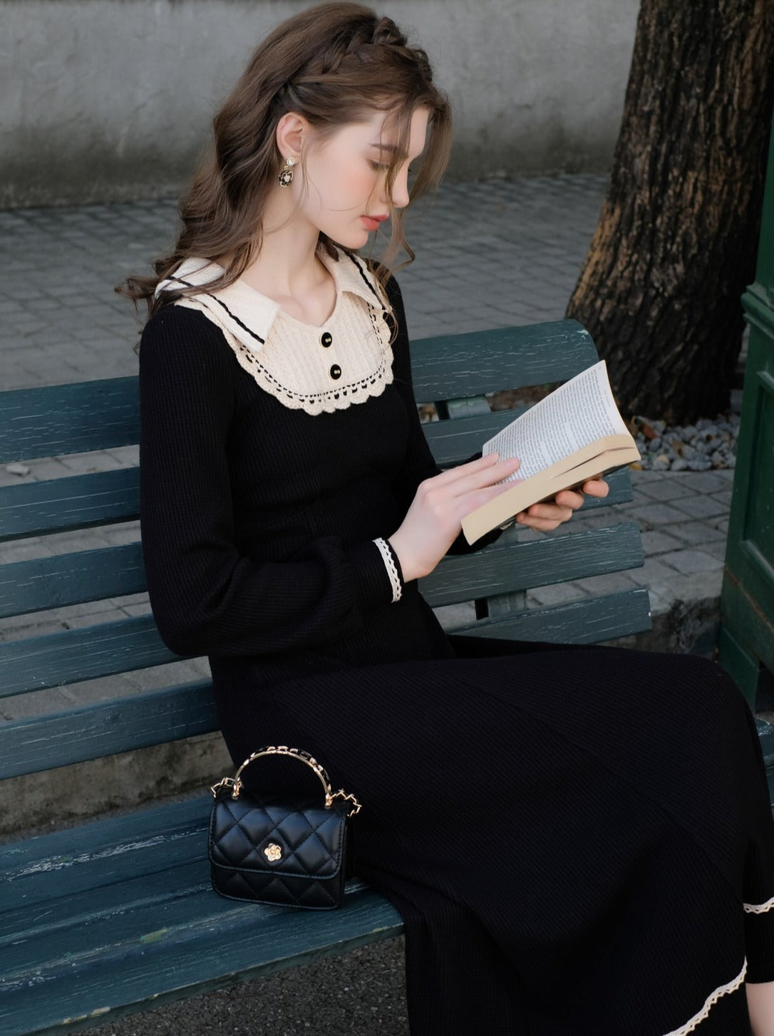 スプライシングブラックフレンチロングドレスラペルクイーンセレナーデニットクラシック