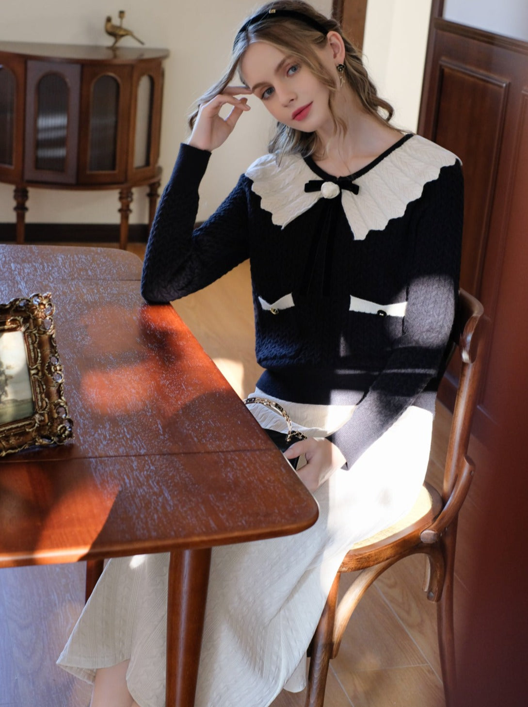 セーターブロックウェブリボンレトロラペルフレンチカラーカーディガン