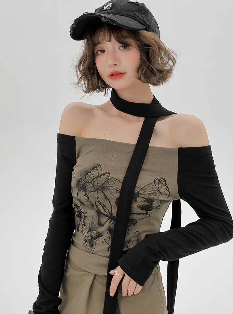 Top Slim One-Line Schal Off-the-Shoulder Print Schmetterling
