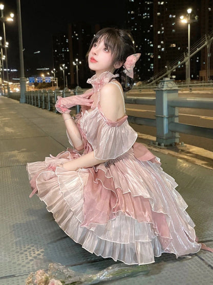 ふわふわのエレガントなピンクのプリンセスドレスフラワーフェアリーセット