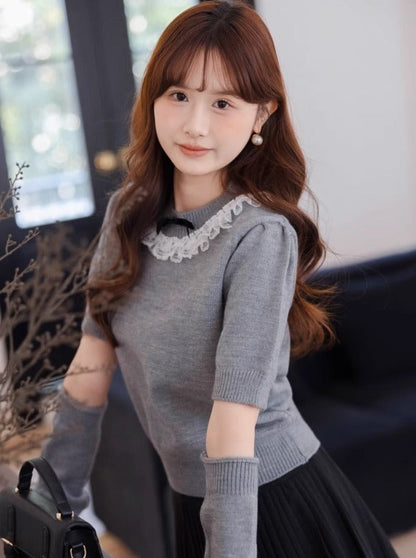 Lace Arm Ribbon Sweet Warmers Top Knit