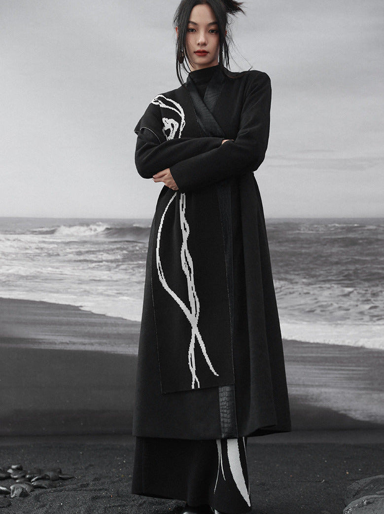 Scarf White Contrast Knit Black and Design Shawl