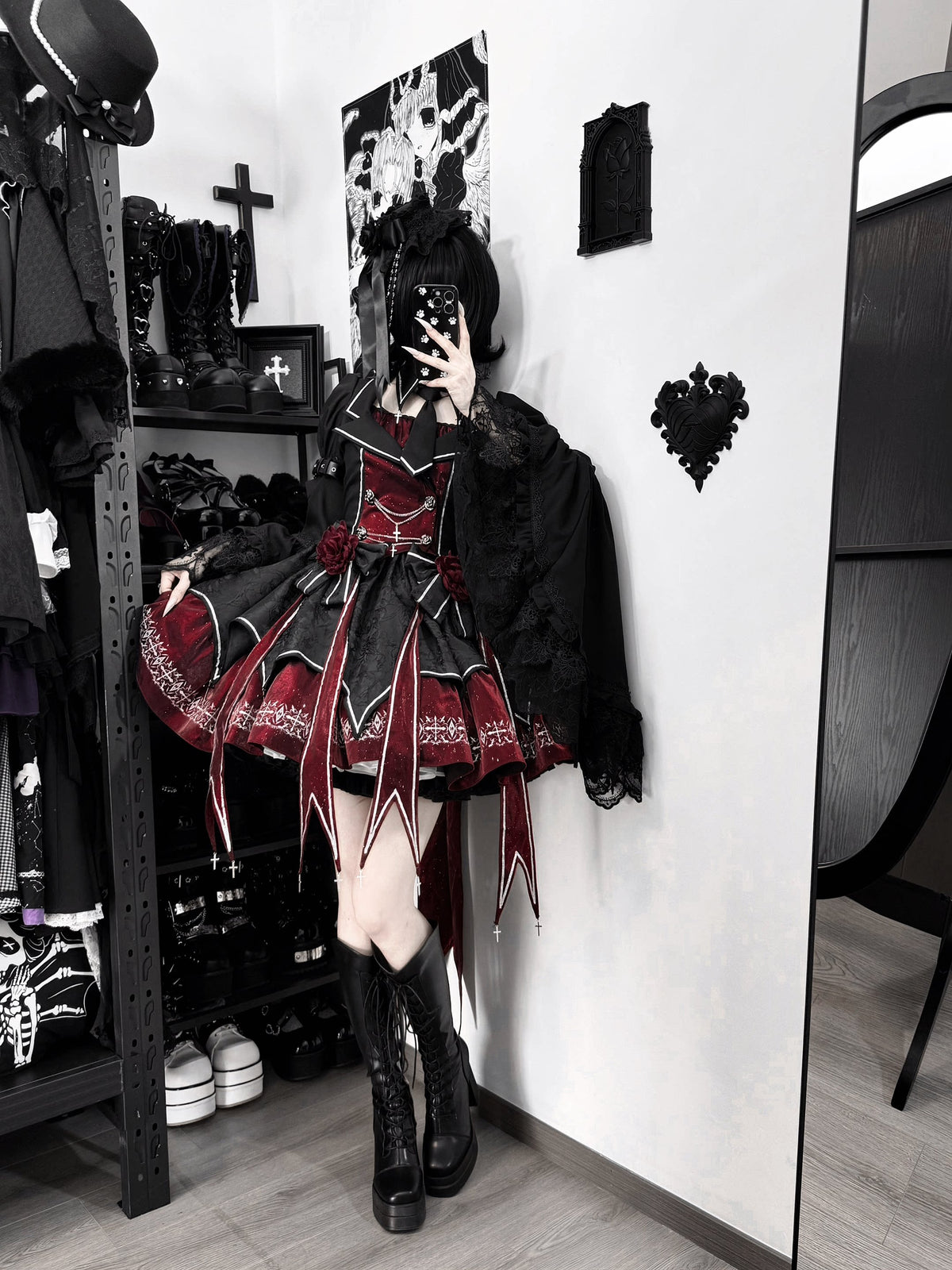 Black and red Rose Blood Hunter Gothic Lolita outfit on model