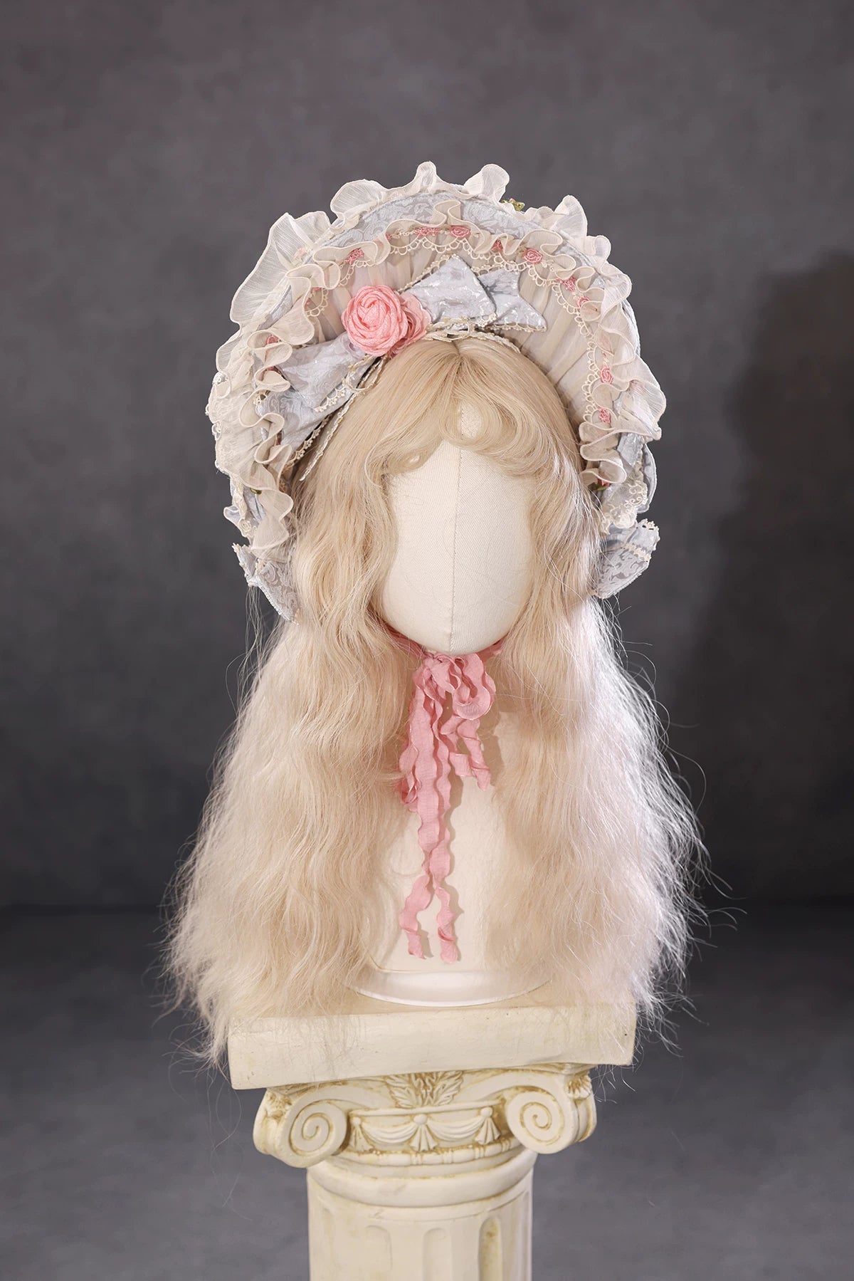Antique Cake Galactic Melody ruffled bonnet on display by BR Thorn Rose