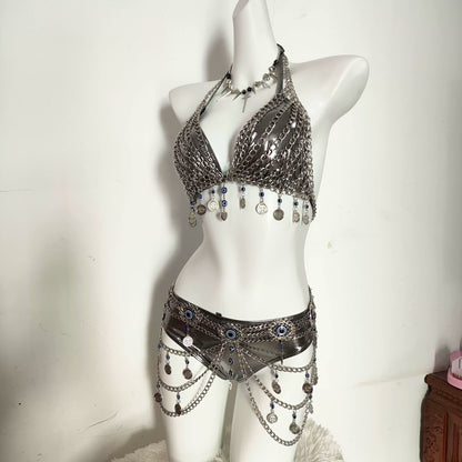 Punk Y2K Hottiepure Desire Silver Chain Bra Waist Set