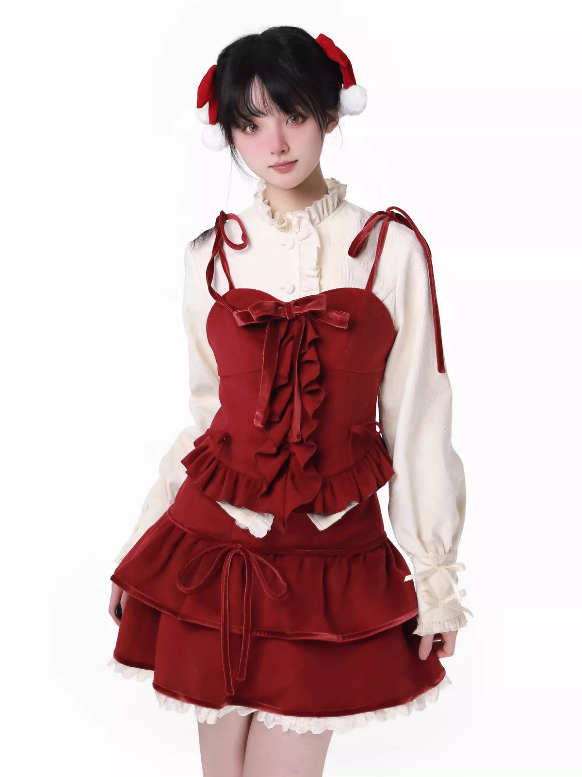 Ribbon Frill Short Jacket Singing Stand Color Dark Print Shirt Skirt Suit