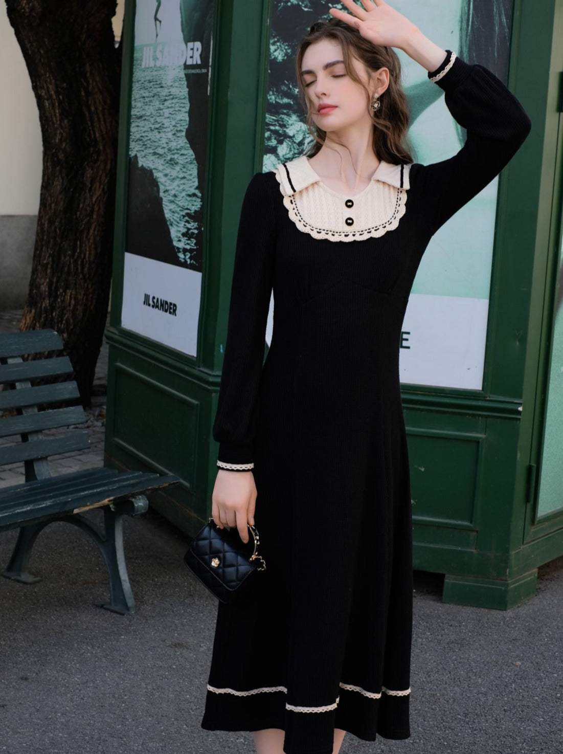 スプライシングブラックフレンチロングドレスラペルクイーンセレナーデニットクラシック