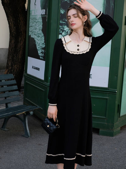 スプライシングブラックフレンチロングドレスラペルクイーンセレナーデニットクラシック