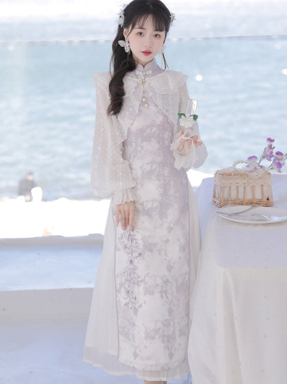 フリルチャイナドレス + 紫のカーディガン 薄手の花柄