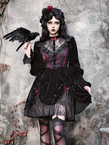 赤いドレス パフスリーブ ベルベット ローズレース 墓地 ゴシック ダーク