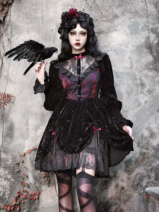 赤いドレス パフスリーブ ベルベット ローズレース 墓地 ゴシック ダーク