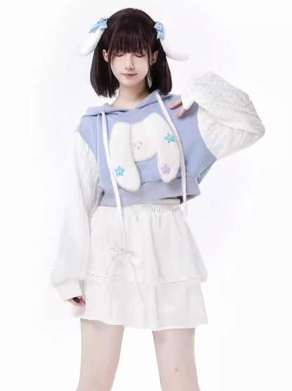 Sleeve Knit Hoodie Short White Little Dog 3D