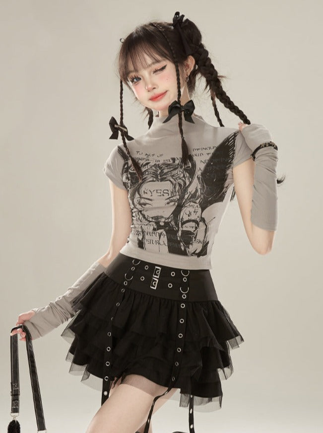 Girl Gray Print Turtleneck Half Dark