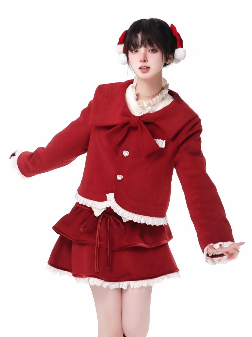 Ribbon Frill Short Jacket Singing Stand Color Dark Print Shirt Skirt Suit