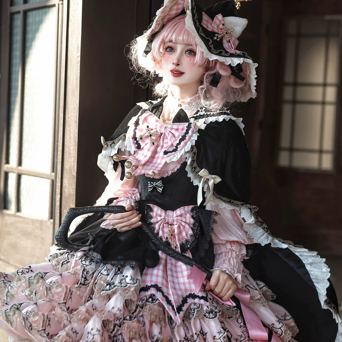 Pink and white Cat Witch Lolita coordinate with hat