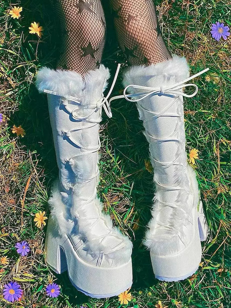 34-46 Y2K Snow Pu Fur Lace-up Thick Heel High Goth Platform Boots