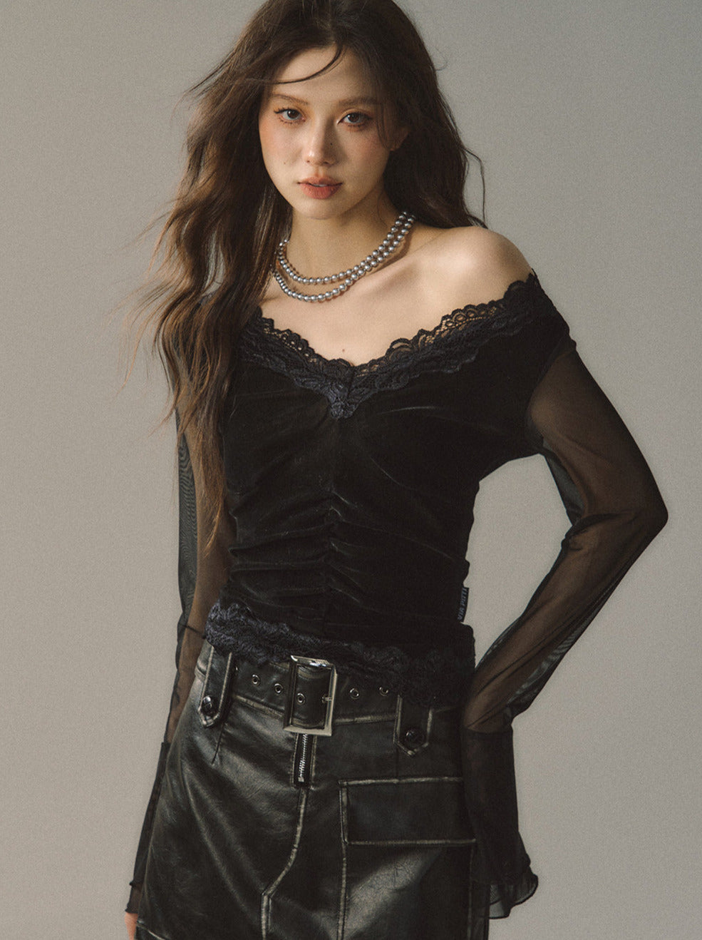 Lace Edge V Neck Sheer Bell Sleeve Black Slim Shirt