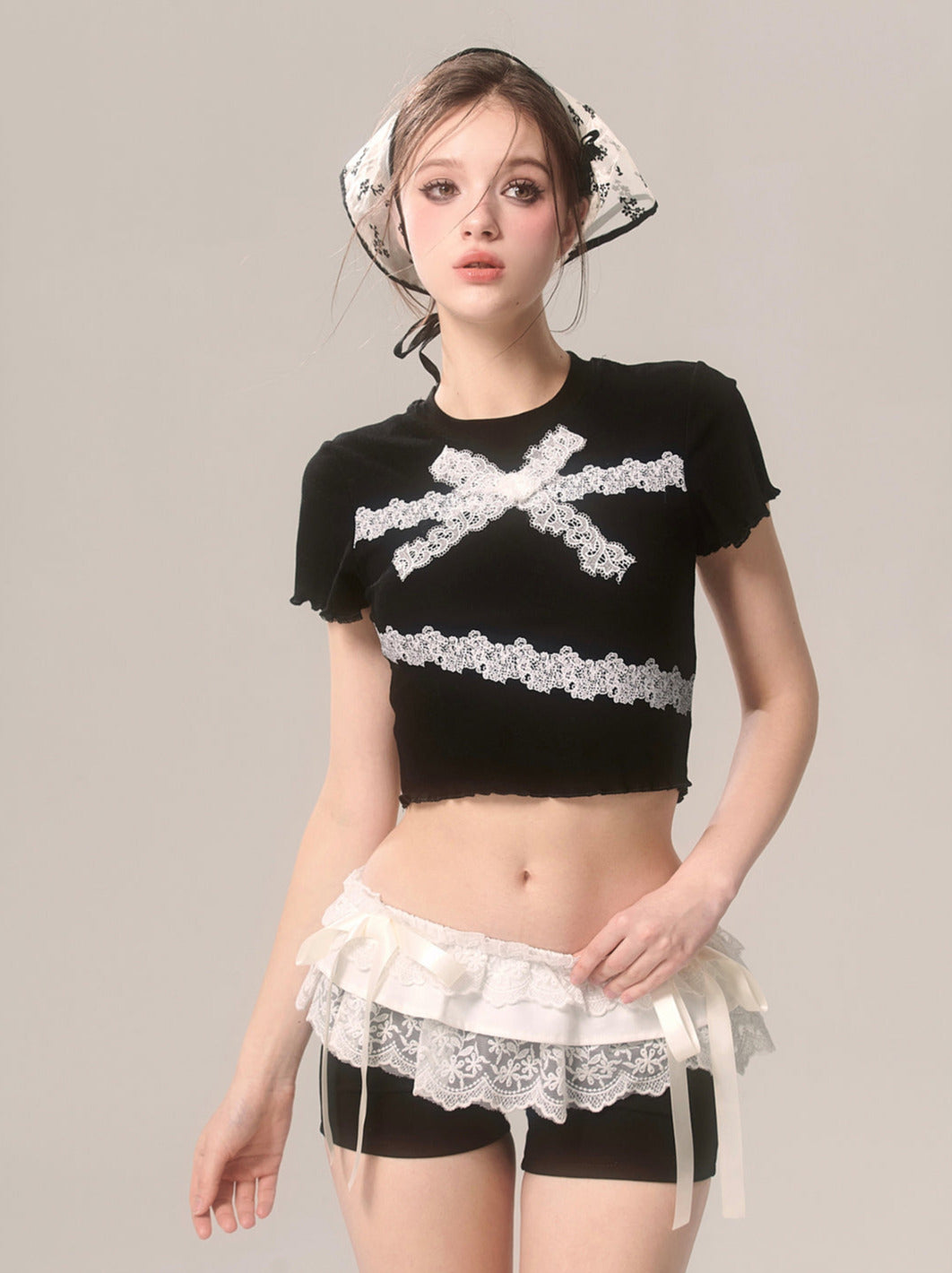 スリムレースTシャツ フリル ショートリボン