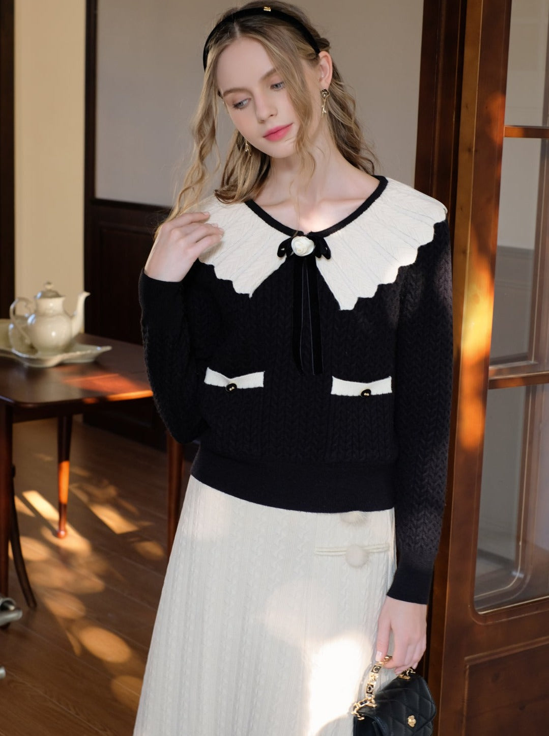 セーターブロックウェブリボンレトロラペルフレンチカラーカーディガン