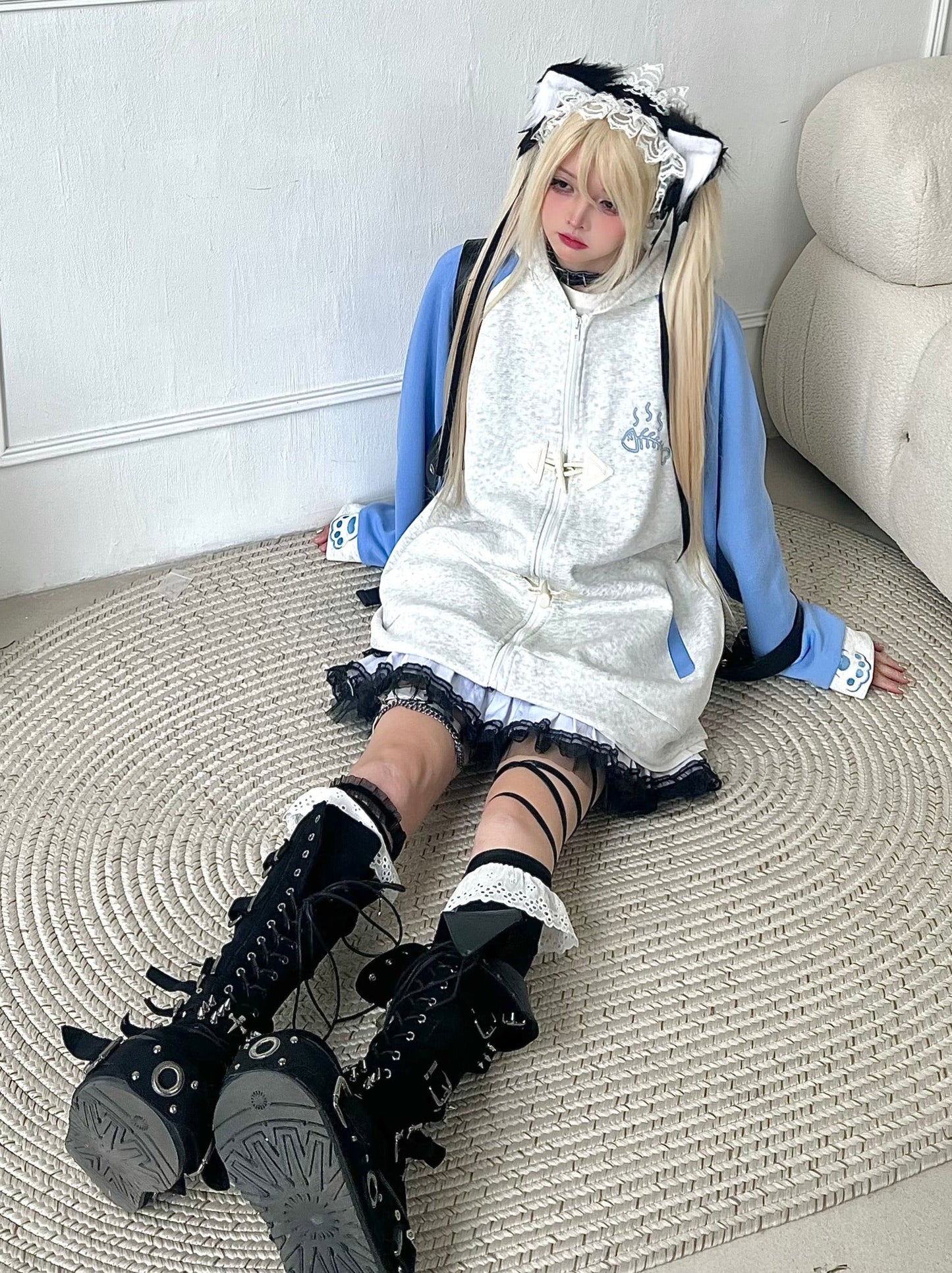 Collar Hood Hoodie Contrast Button Cat Ear Zip Horn