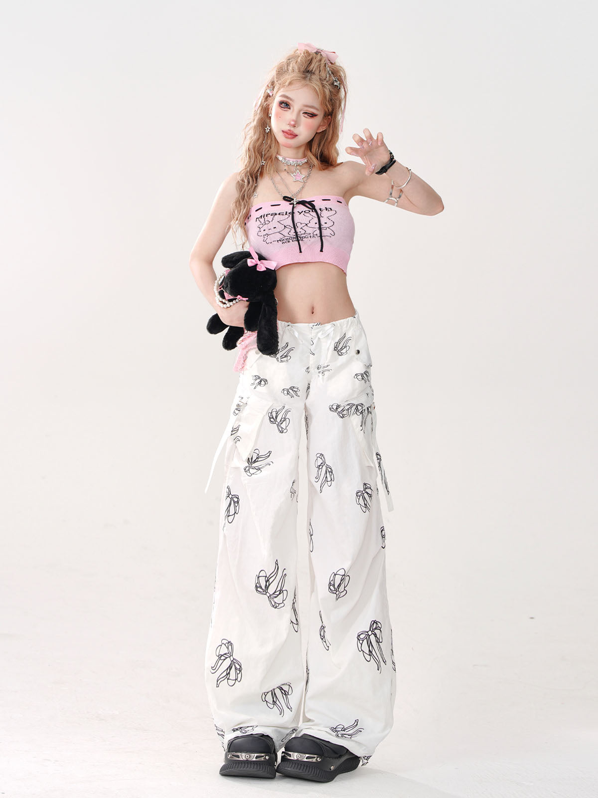 Ribbon Loose Sweet Pants White Print Pocket