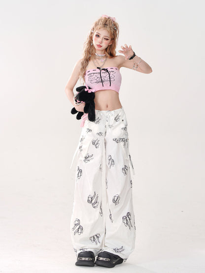 Ribbon Loose Sweet Pants White Print Pocket