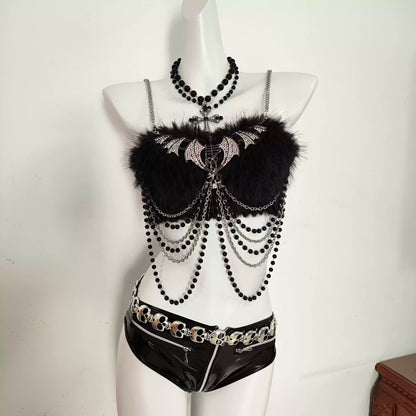 Y2K Punk Dark Gothic Waist Cinching Fluffy PU Suit