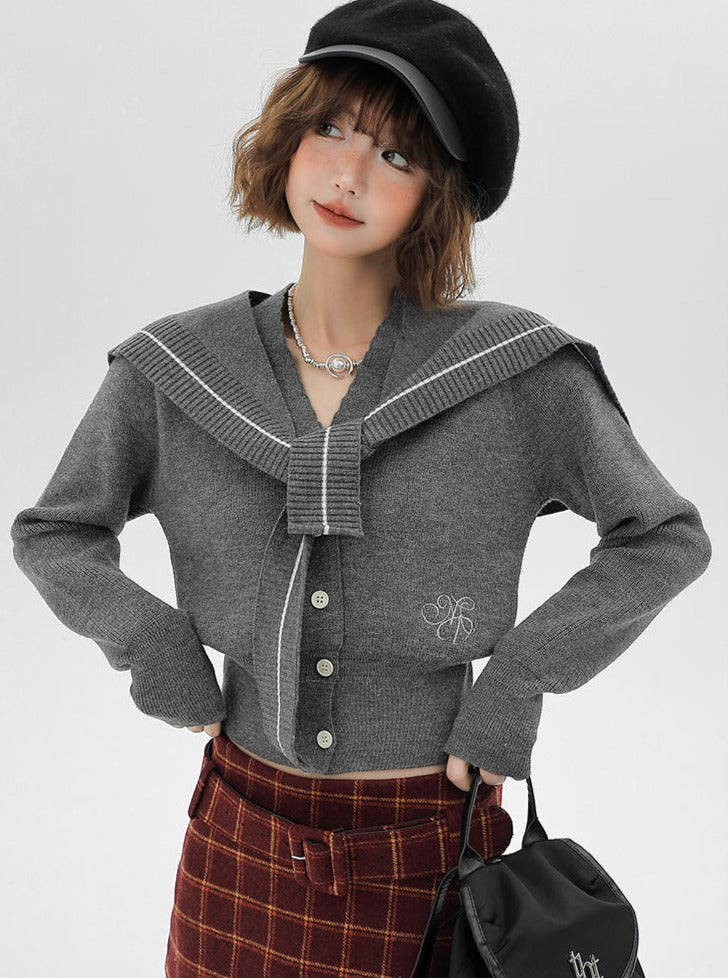 Jacket Retro College Cardigan Knit Sailor Collar Shawl Style