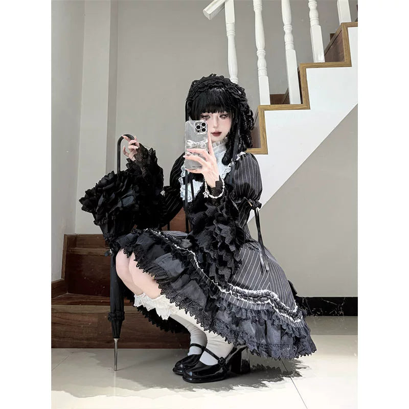 Black Shamrock Gothic Lace High Collar Striped Waist Dress